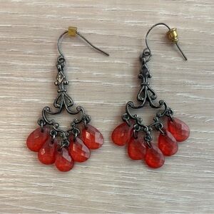 Chandelier Earrings Red Faceted Teardrop Beads Gunmetal Tone Vintage Look